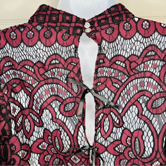 Dance & Marvel Lace Mockneck Open Back Feather Trim Blouse Maroon Black M - Picture 3 of 11